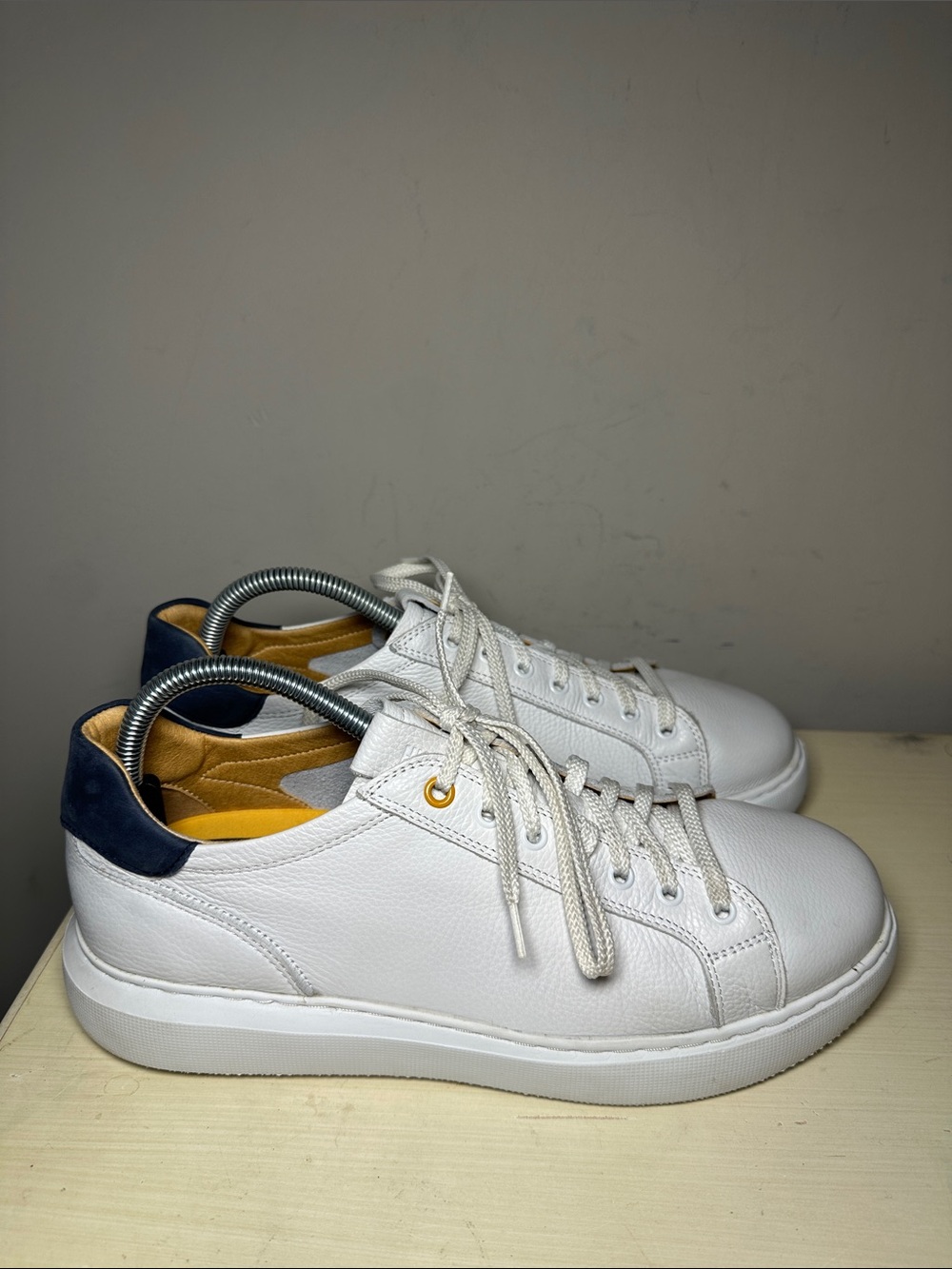 Samuel Hubbard White Leather Sneakers with Navy Heel Accent